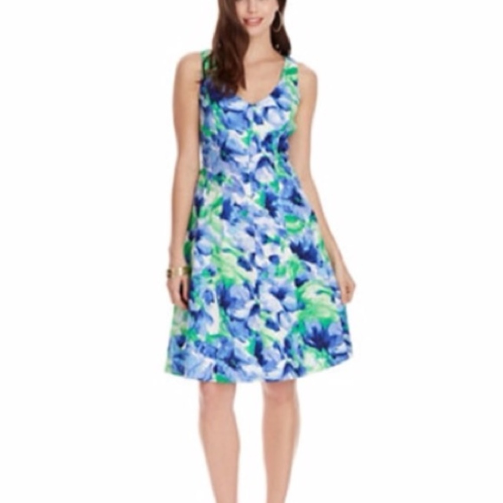 Chaps blue green white printed cotton sleeveless a-line v neck dress size 4